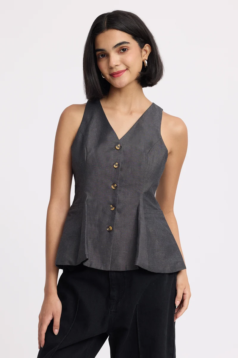 Tobgye Top|100% Cotton Sleeveless Peplum Waistcoat