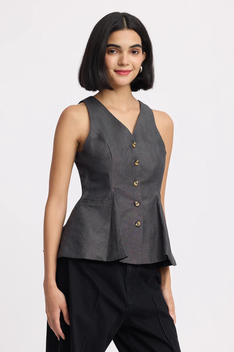 Tobgye Top|100% Cotton Sleeveless Peplum Waistcoat