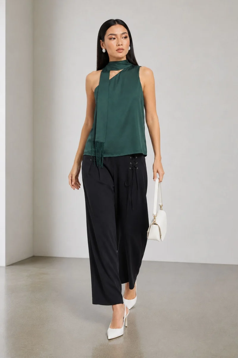 Yovi|100% Viscose One Shoulder Neck Sash Top