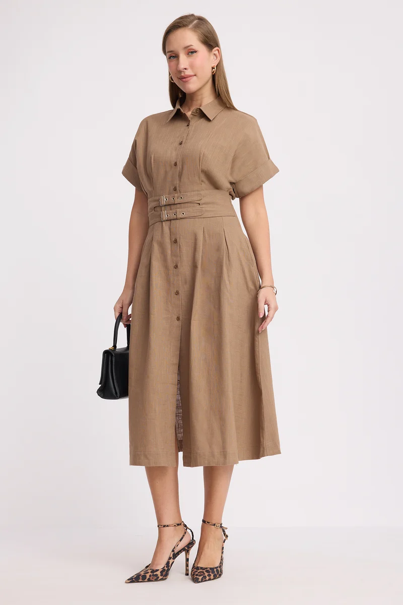 Baile|100% Cotton Double Belted Midi Dress
