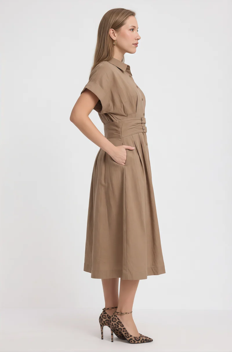 Baile|100% Cotton Double Belted Midi Dress