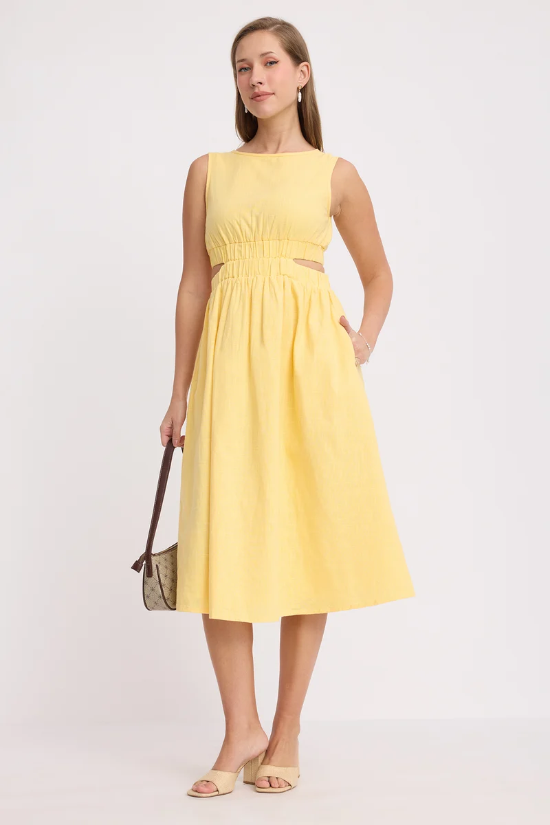 Aoi|100% Cotton Waist Cut Out Midi Dress