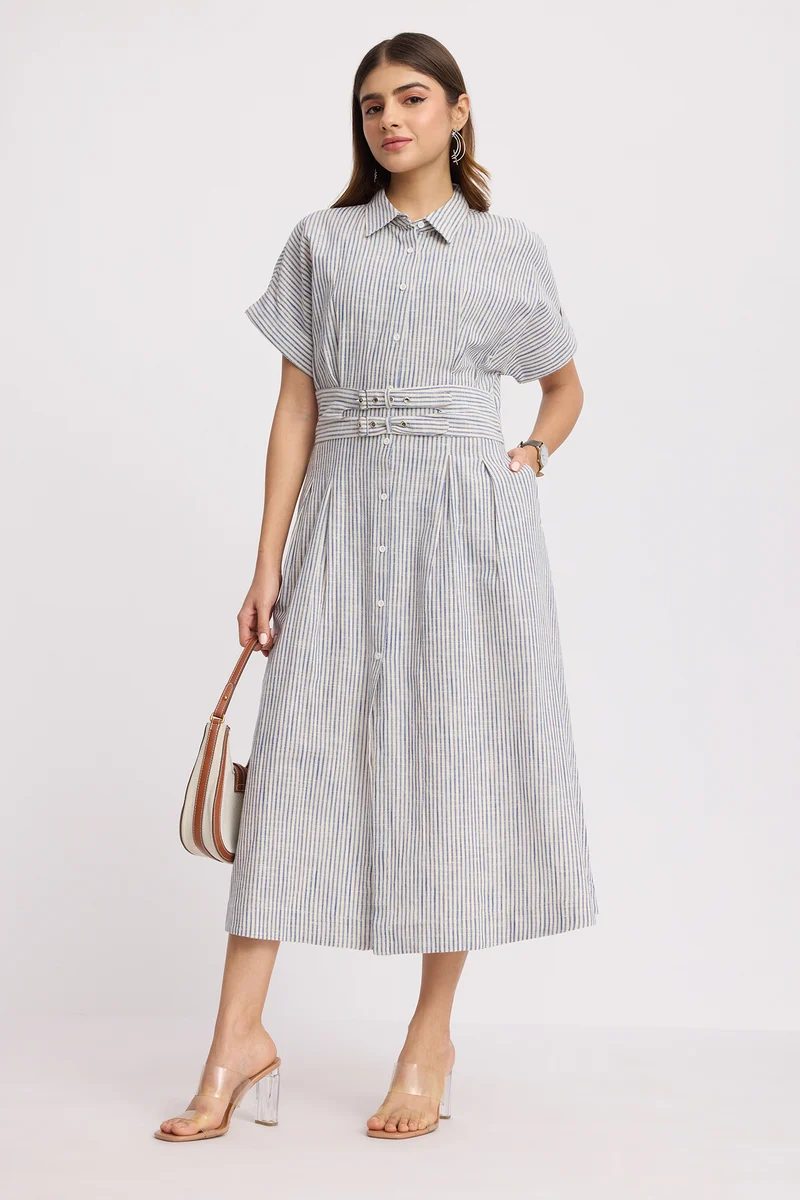 Crema|100% Cotton Double Belted Midi Dress