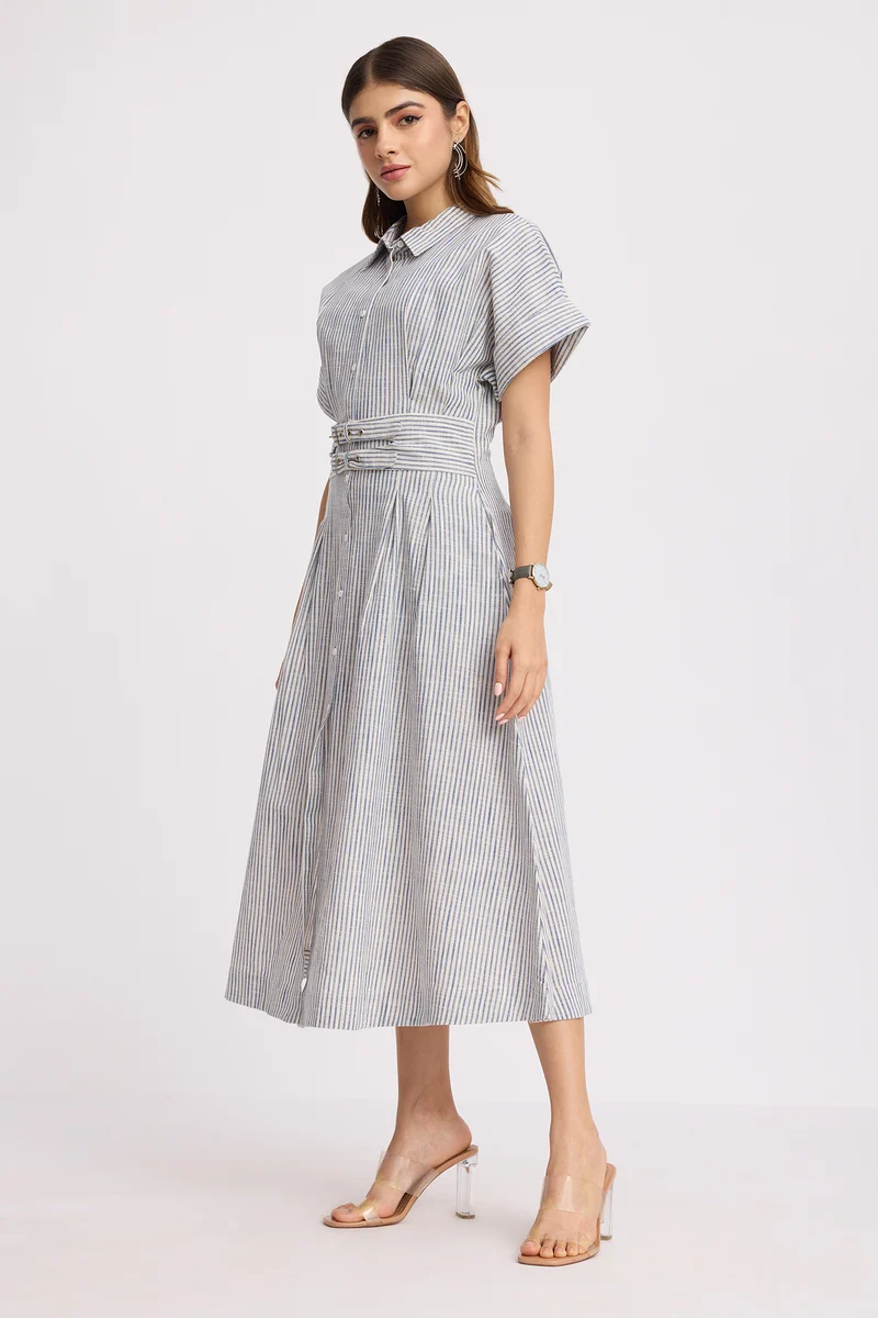 Crema|100% Cotton Double Belted Midi Dress