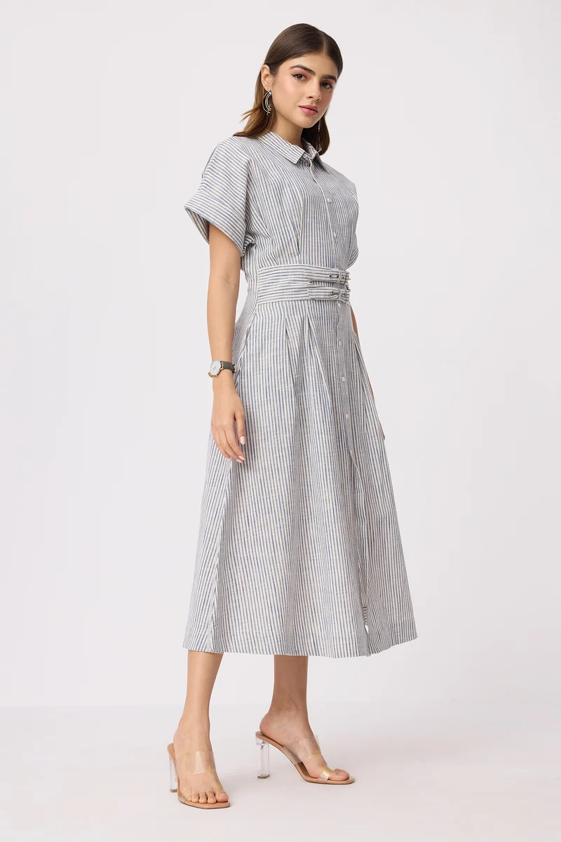 Crema|100% Cotton Double Belted Midi Dress