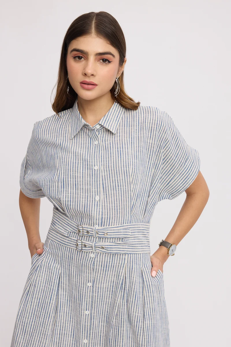 Crema|100% Cotton Double Belted Midi Dress