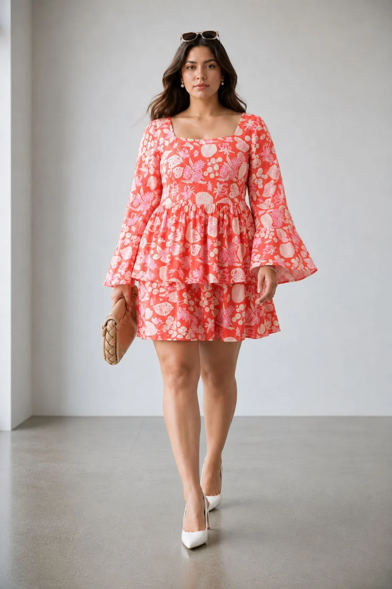 Caoy|100% Viscose Printed Layered Mini Dress