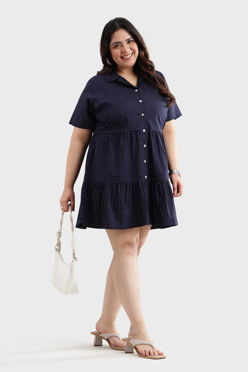 Canis|100% Cotton Polka Print Mini Shirt Dress