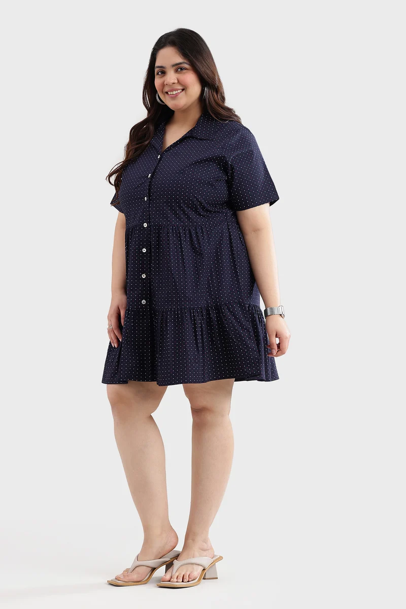Canis|100% Cotton Polka Print Mini Shirt Dress