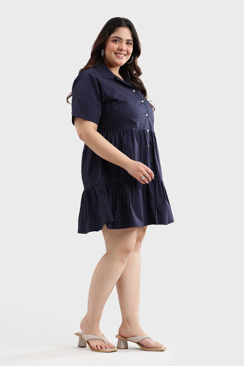 Canis|100% Cotton Polka Print Mini Shirt Dress