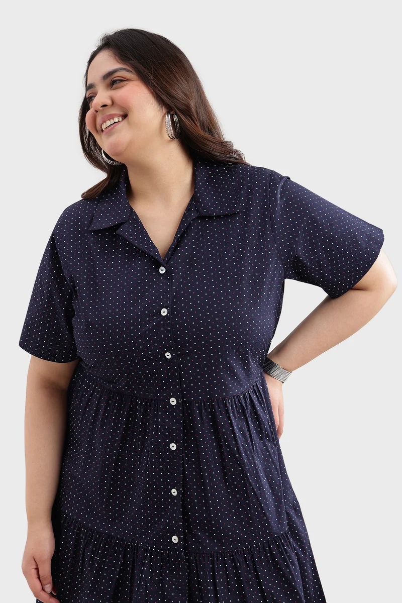 Canis|100% Cotton Polka Print Mini Shirt Dress