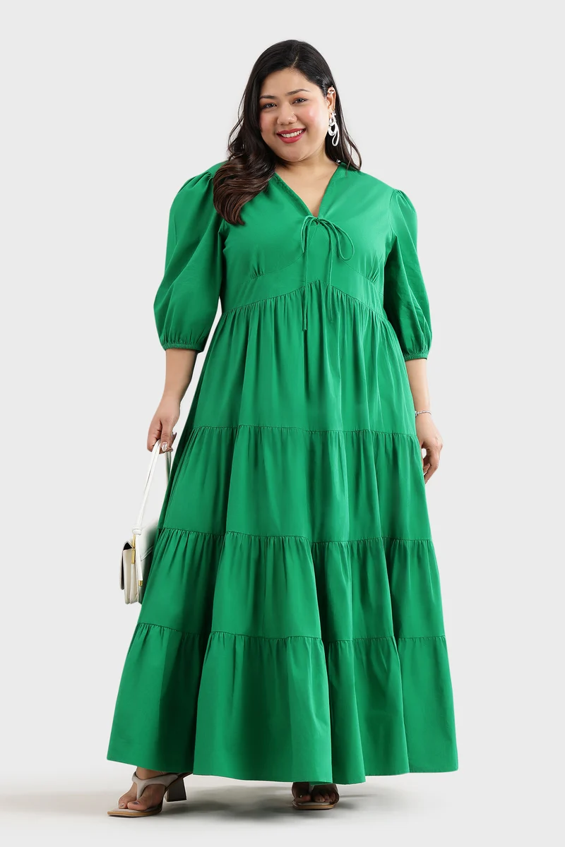 Elmen|100% Cotton V-Neck Tie-Up Tiered Dress