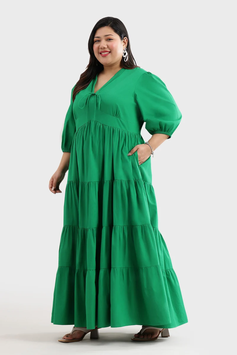 Elmen|100% Cotton V-Neck Tie-Up Tiered Dress