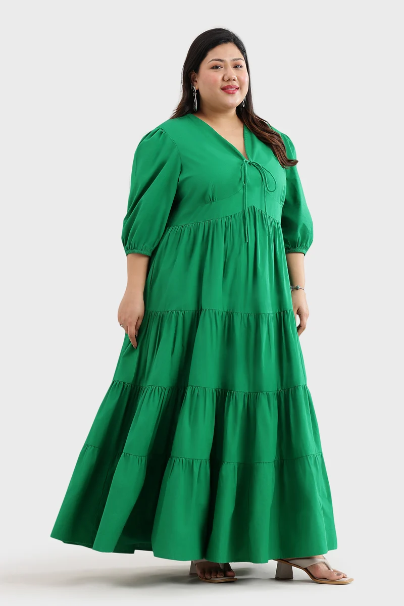 Elmen|100% Cotton V-Neck Tie-Up Tiered Dress