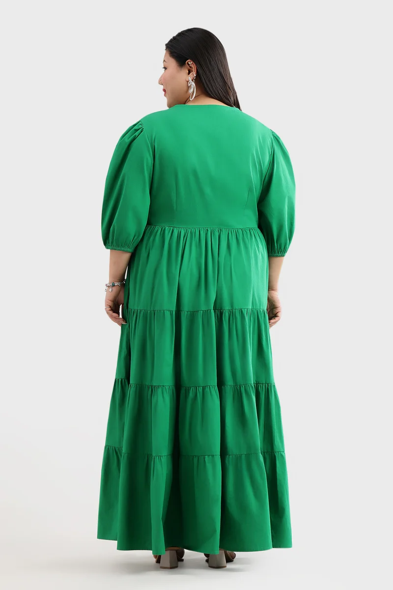 Elmen|100% Cotton V-Neck Tie-Up Tiered Dress