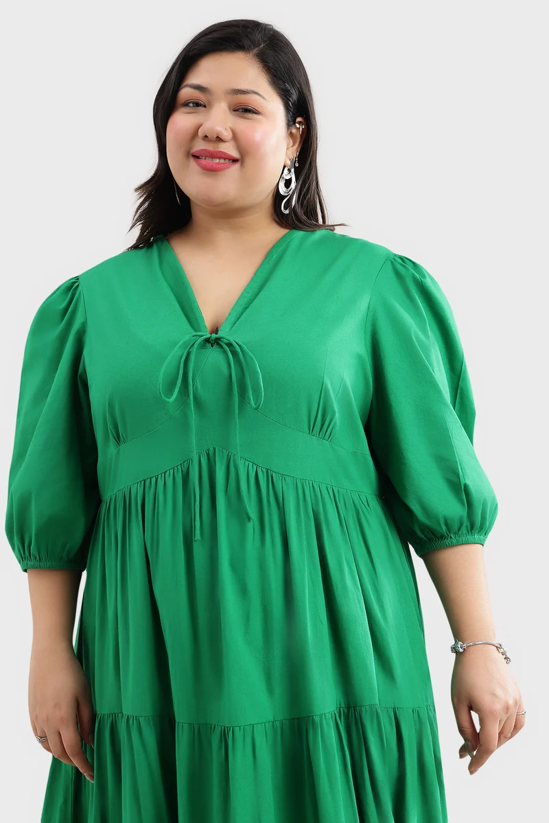 Elmen|100% Cotton V-Neck Tie-Up Tiered Dress