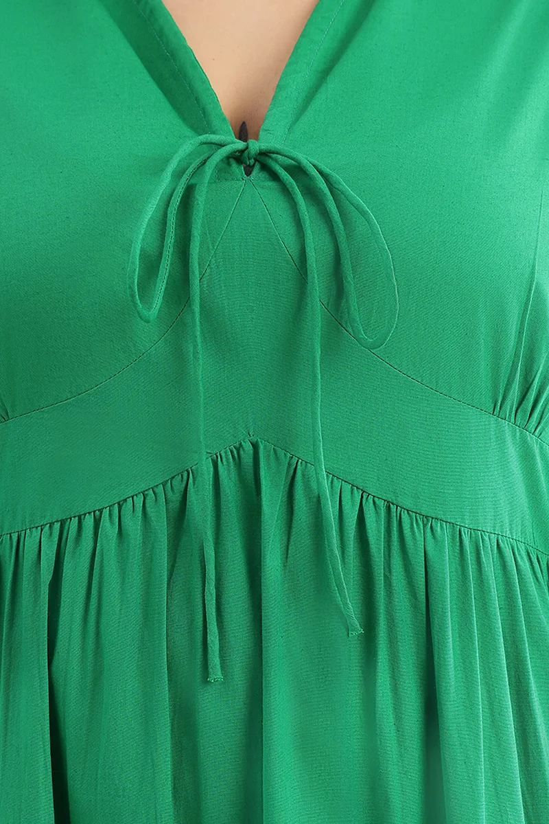 Elmen|100% Cotton V-Neck Tie-Up Tiered Dress