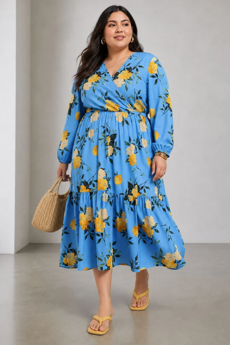 Caola|100% Viscose Printed Wrap Maxi Dress