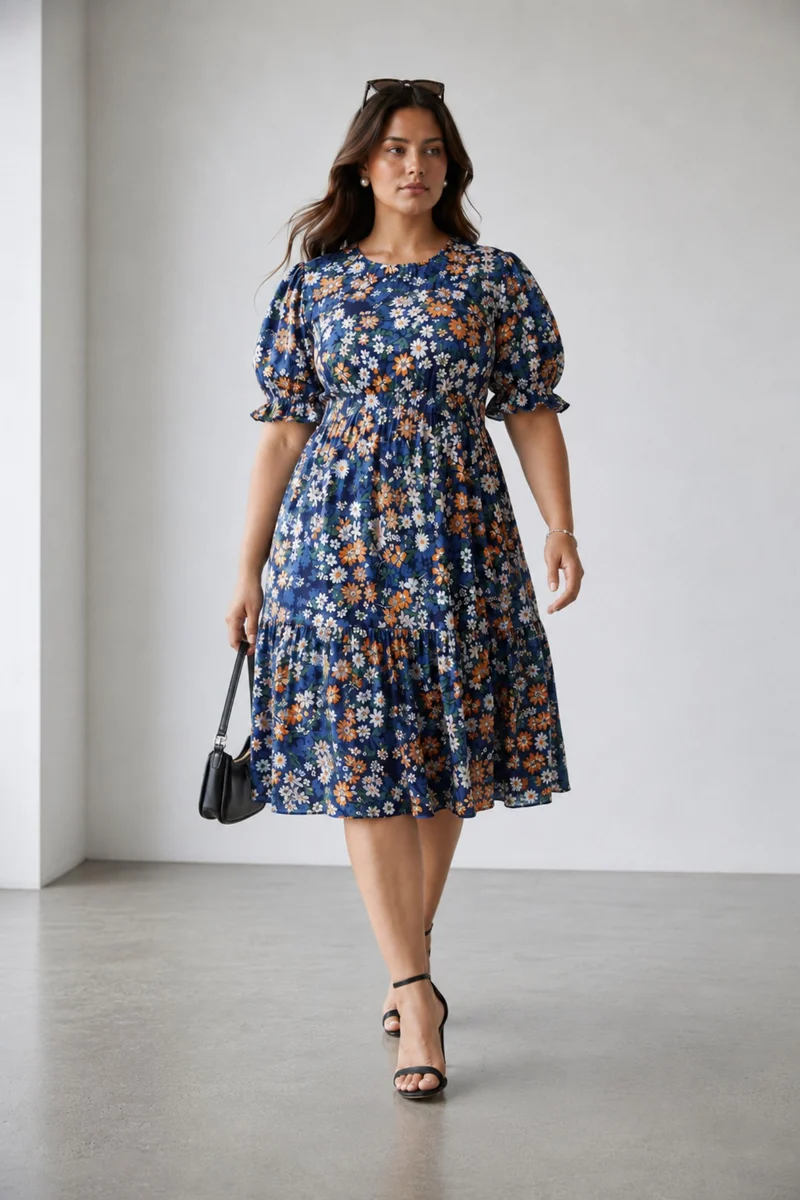 Elria|100% Viscose Printed High Neck Midi Dress