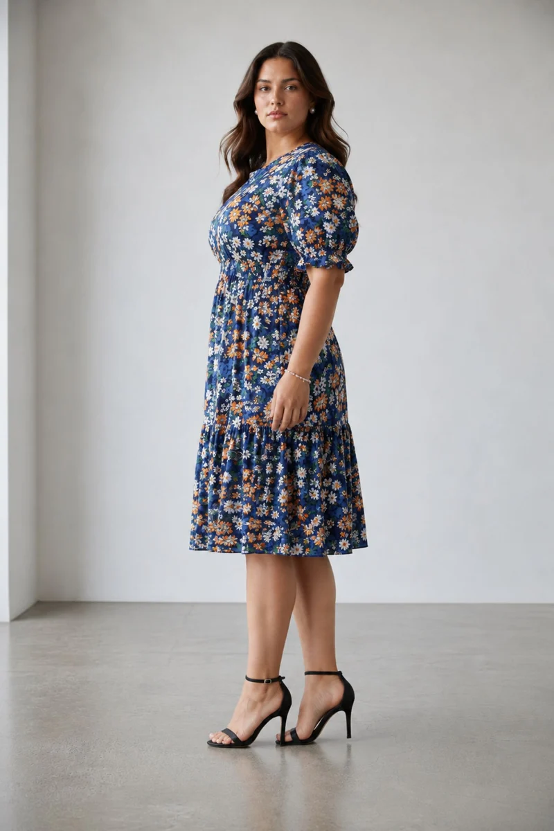 Elria|100% Viscose Printed High Neck Midi Dress