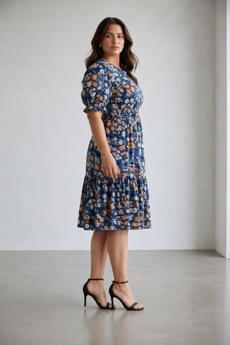 Elria|100% Viscose Printed High Neck Midi Dress
