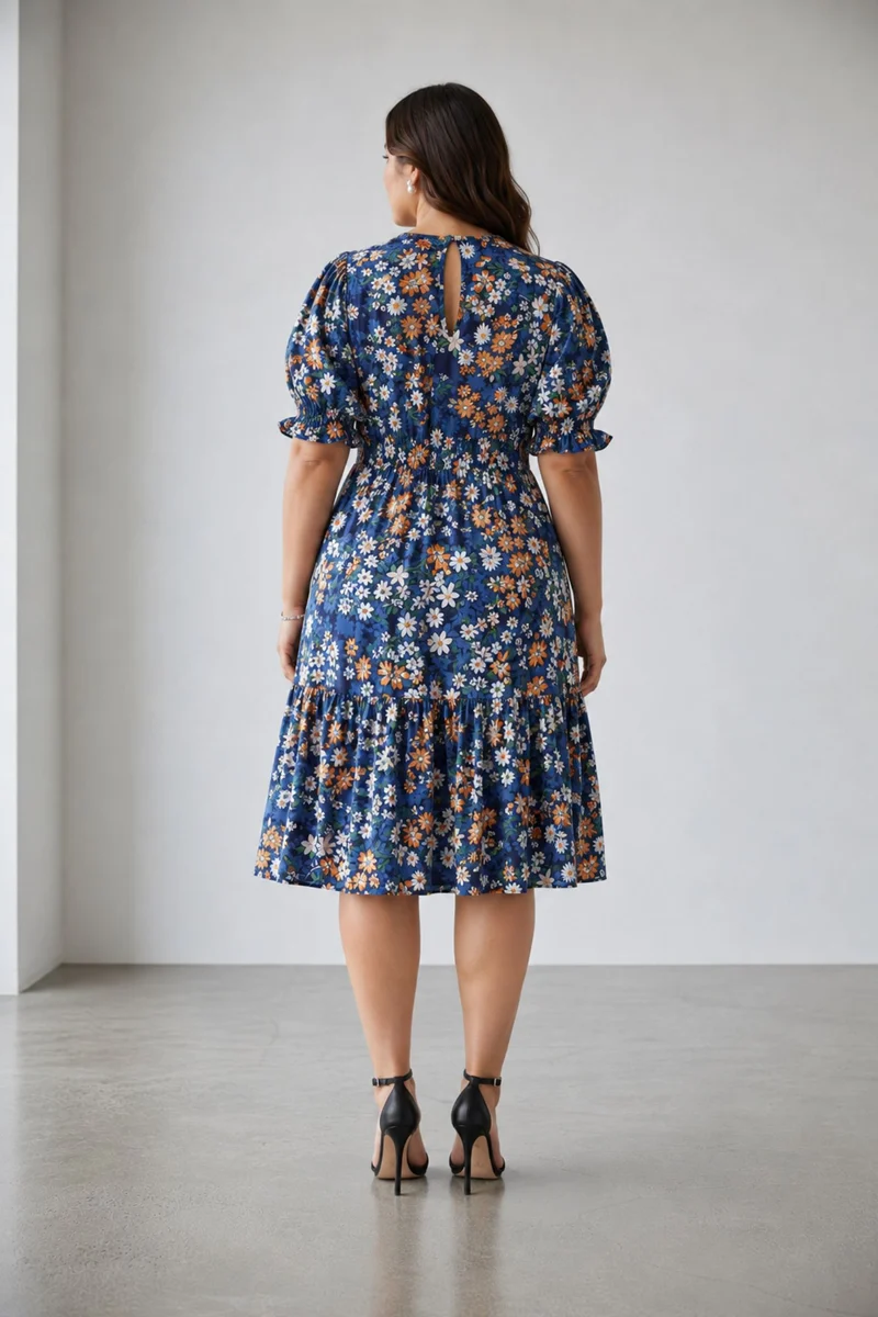 Elria|100% Viscose Printed High Neck Midi Dress