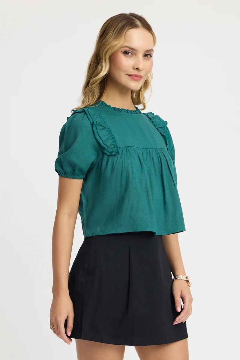 Pasangi|100% Viscose Ruffle Boxy Crop Top