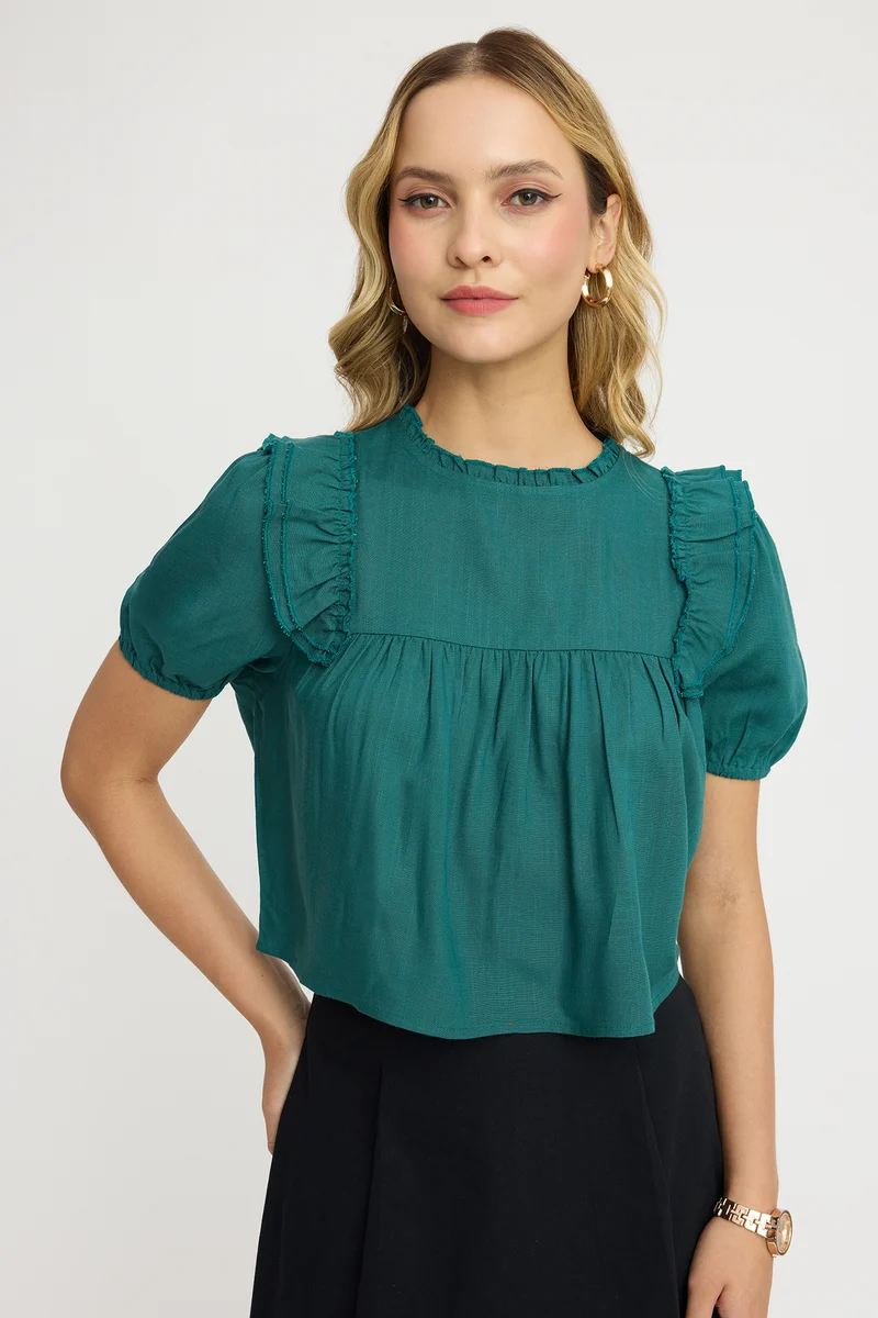 Pasangi|100% Viscose Ruffle Boxy Crop Top