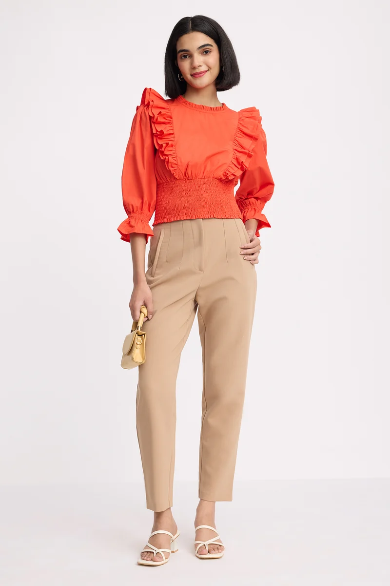 Issis|100% Cotton Ruffled Neck Crop Top