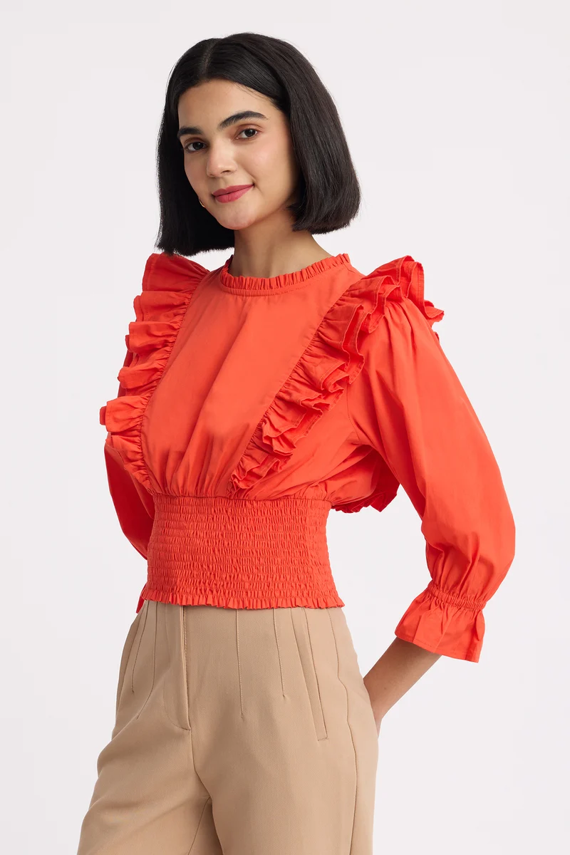 Issis|100% Cotton Ruffled Neck Crop Top