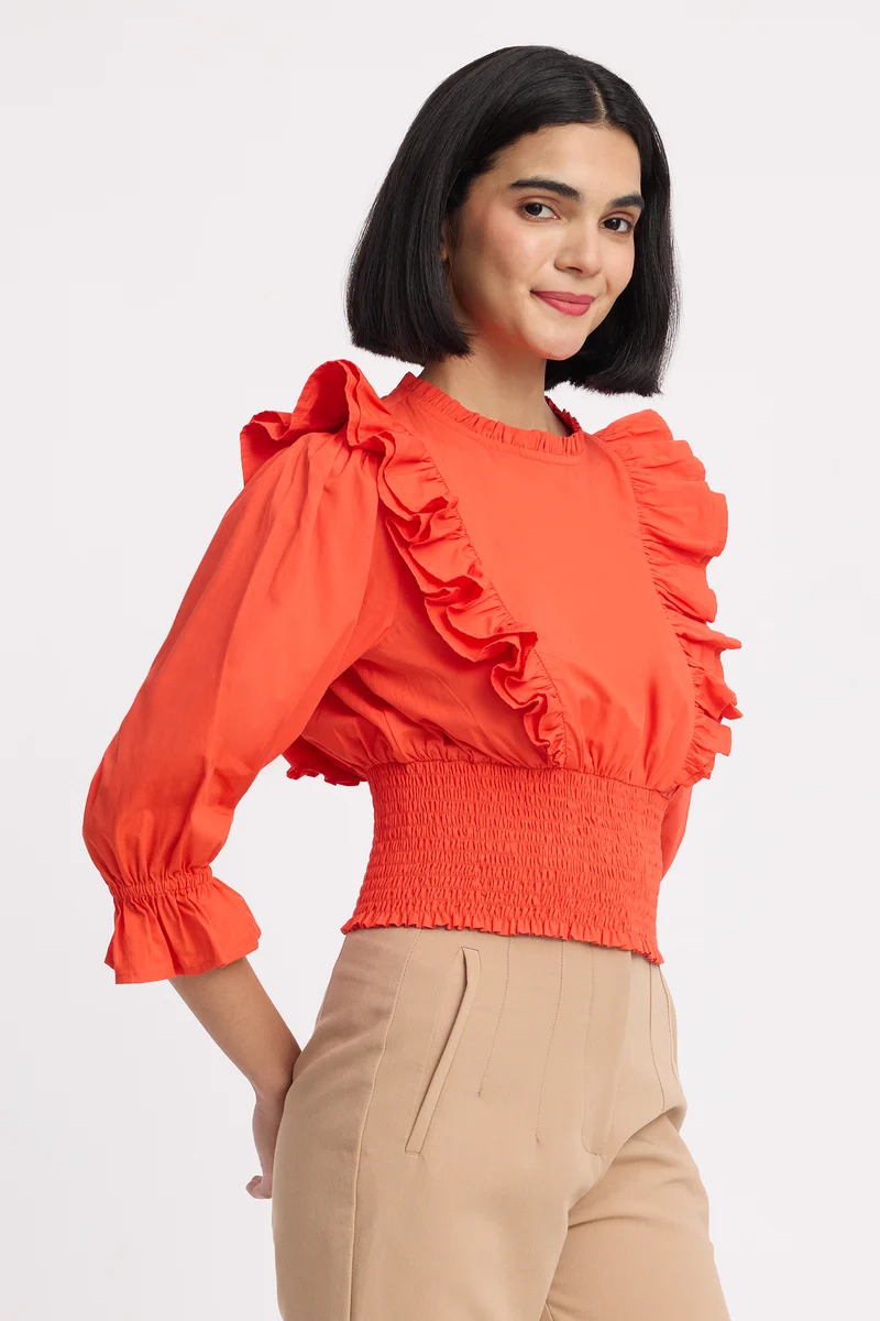 Issis|100% Cotton Ruffled Neck Crop Top