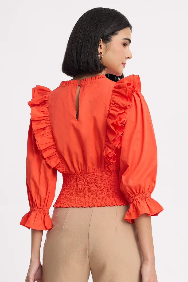 Issis|100% Cotton Ruffled Neck Crop Top