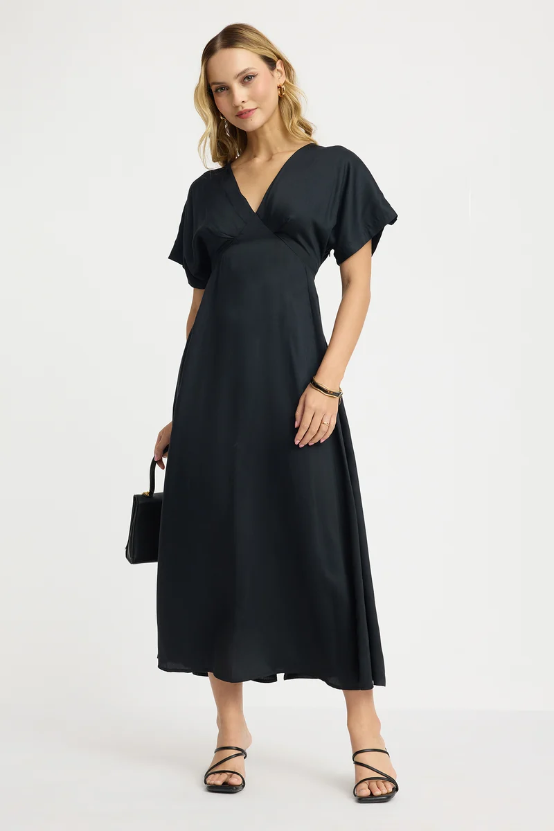 Topden|100% Viscose V-Neck Maxi Dress