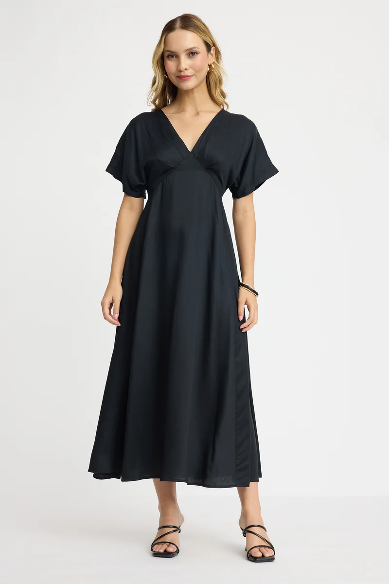 Topden|100% Viscose V-Neck Maxi Dress