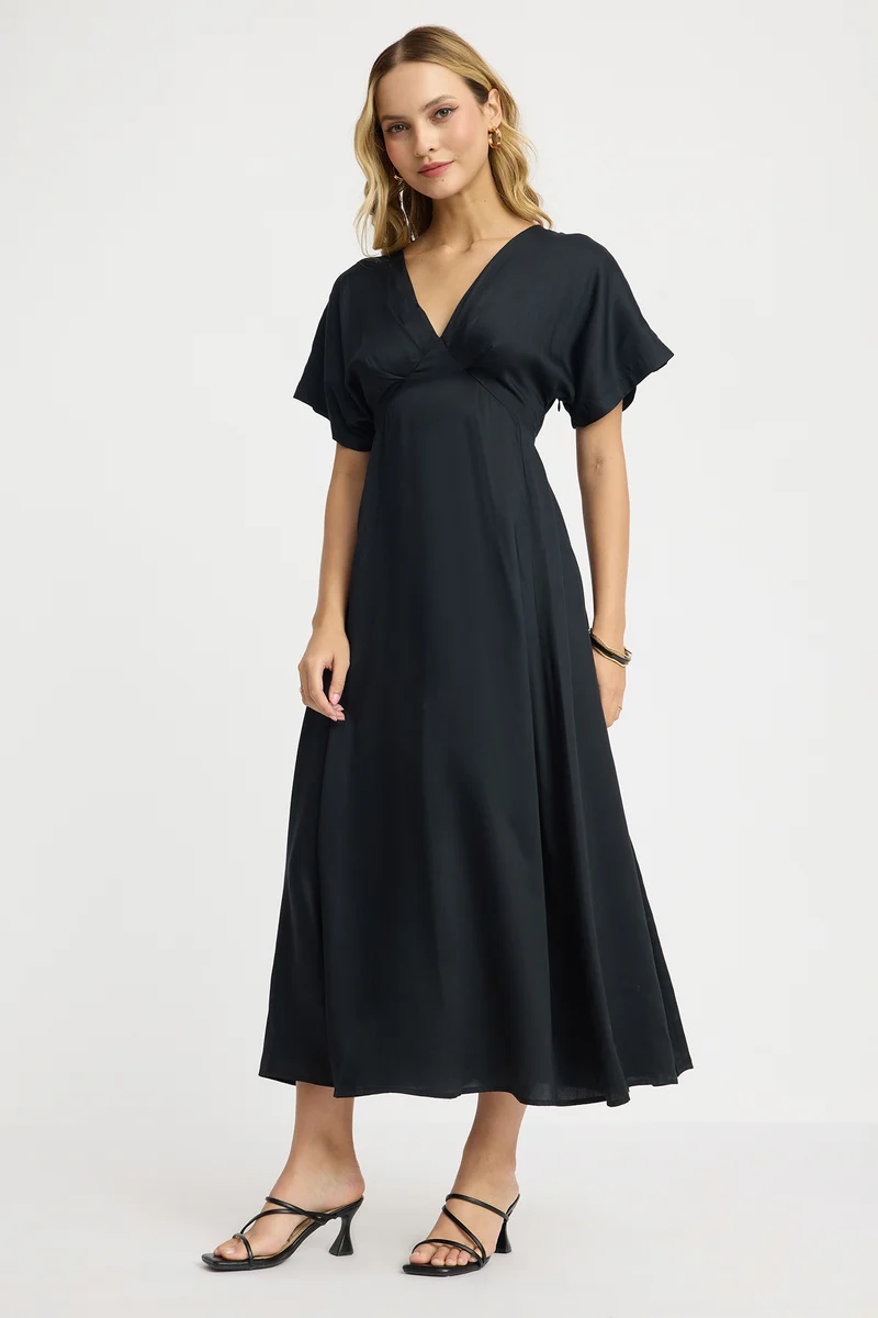 Topden|100% Viscose V-Neck Maxi Dress