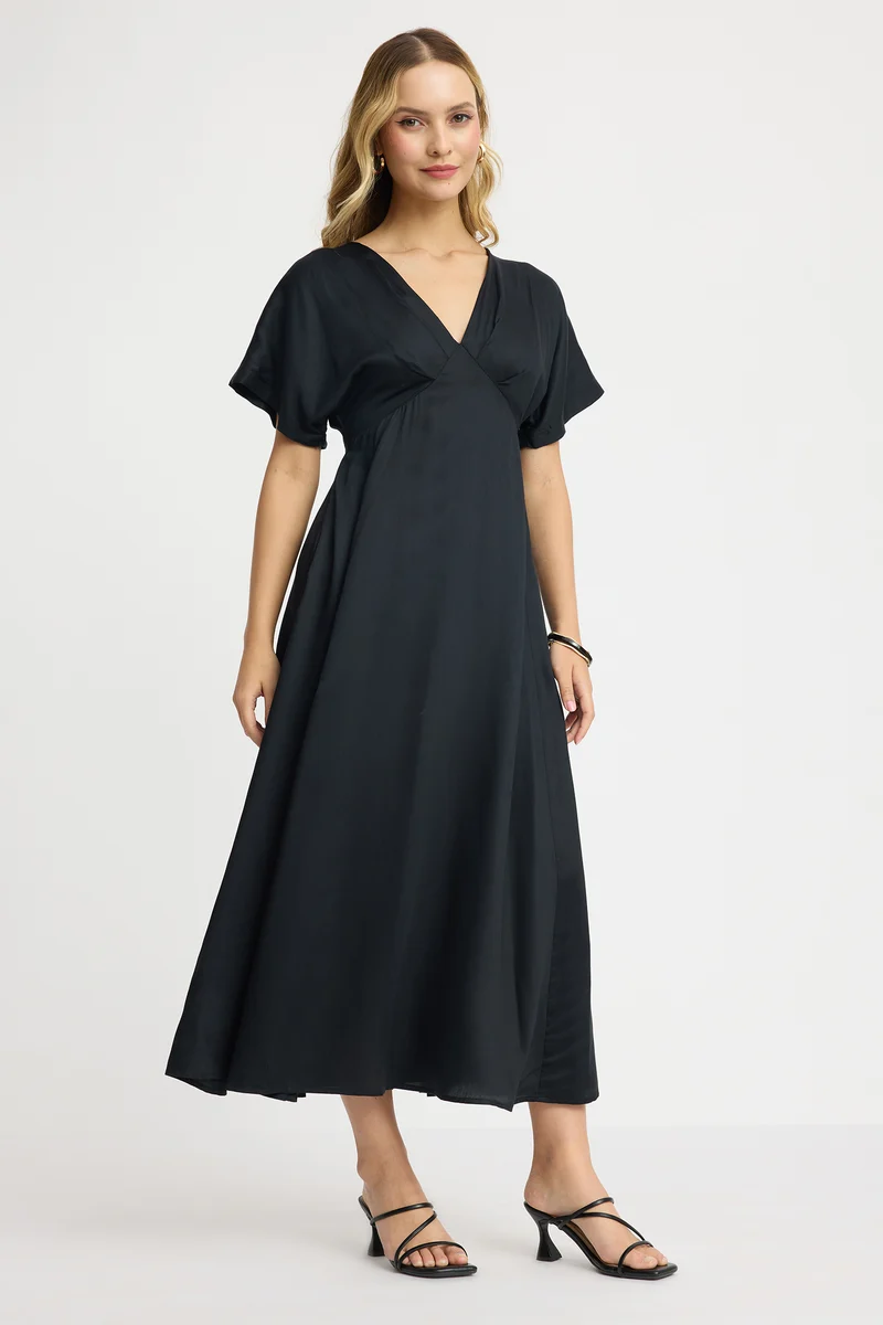 Topden|100% Viscose V-Neck Maxi Dress