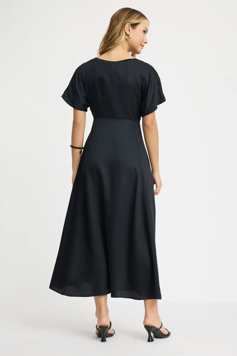 Topden|100% Viscose V-Neck Maxi Dress