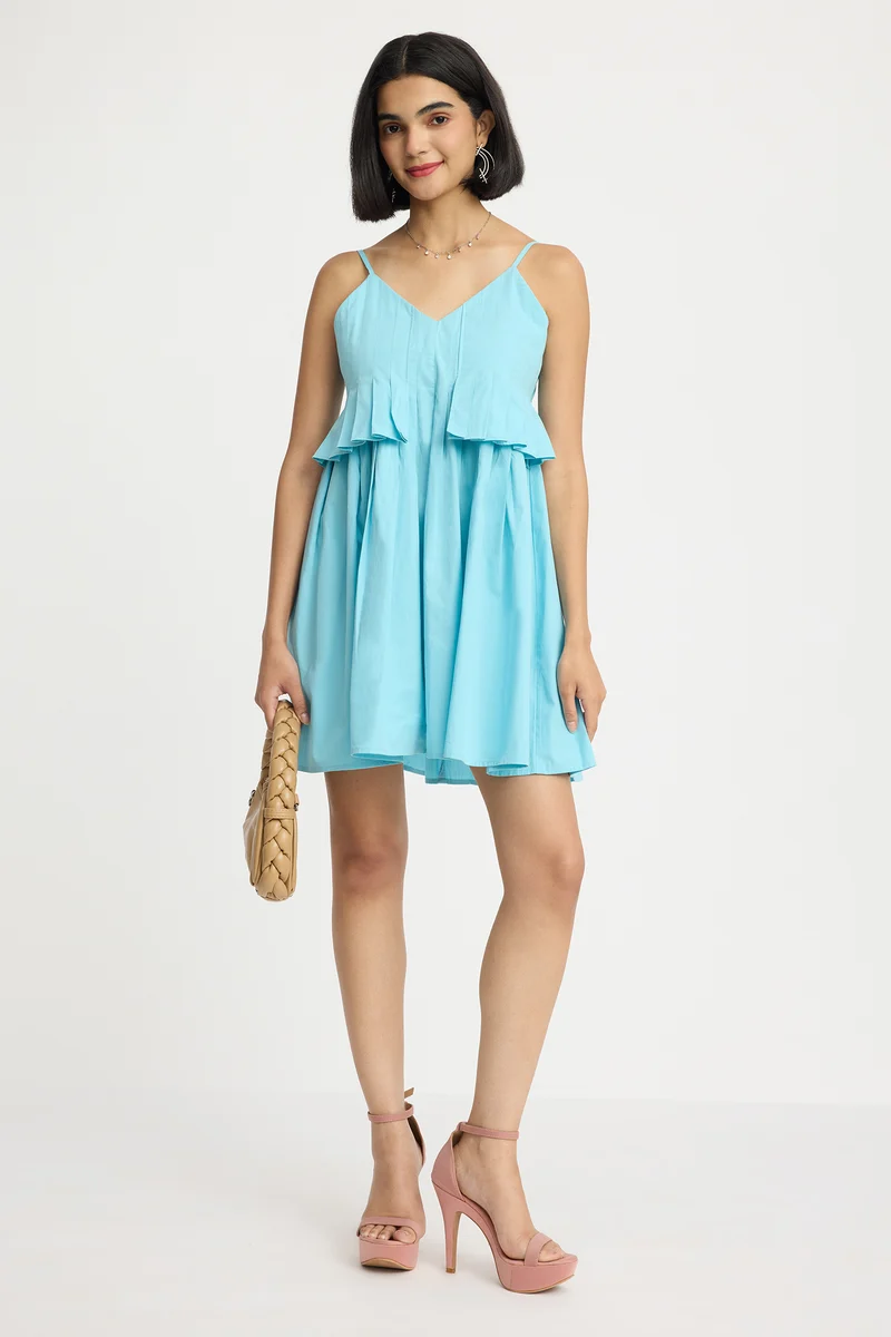 Tobten|100% Cotton Layered Pleated Mini Dress