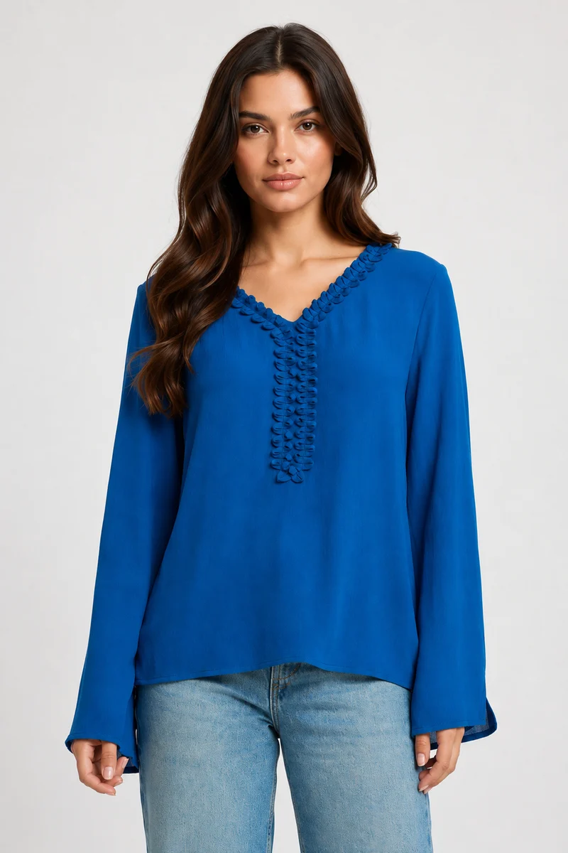 Tilopa|100% Viscose Relaxed Ruffle Neck Top