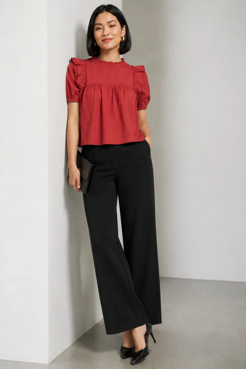 Paltso|100% Viscose Ruffle Boxy Crop Top