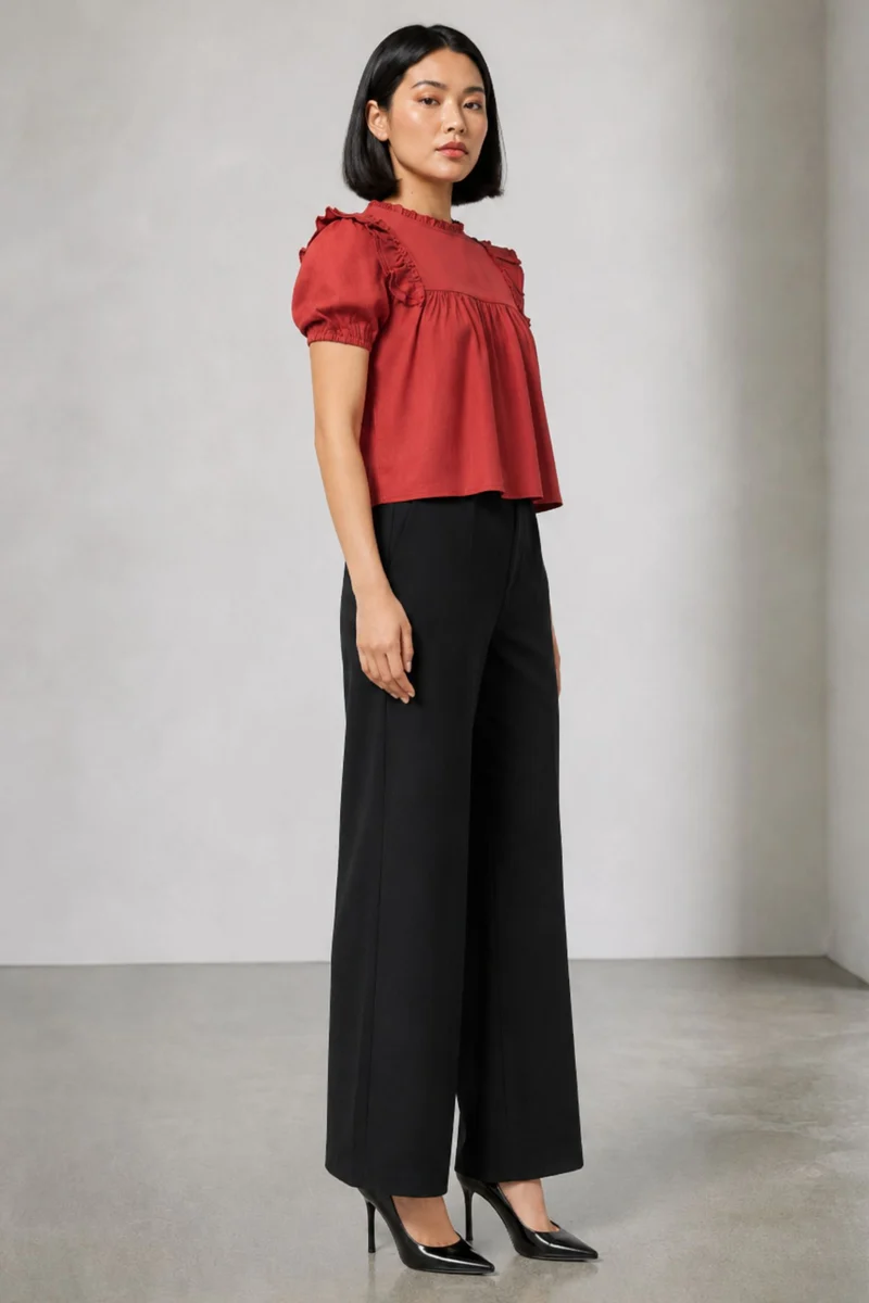 Paltso|100% Viscose Ruffle Boxy Crop Top