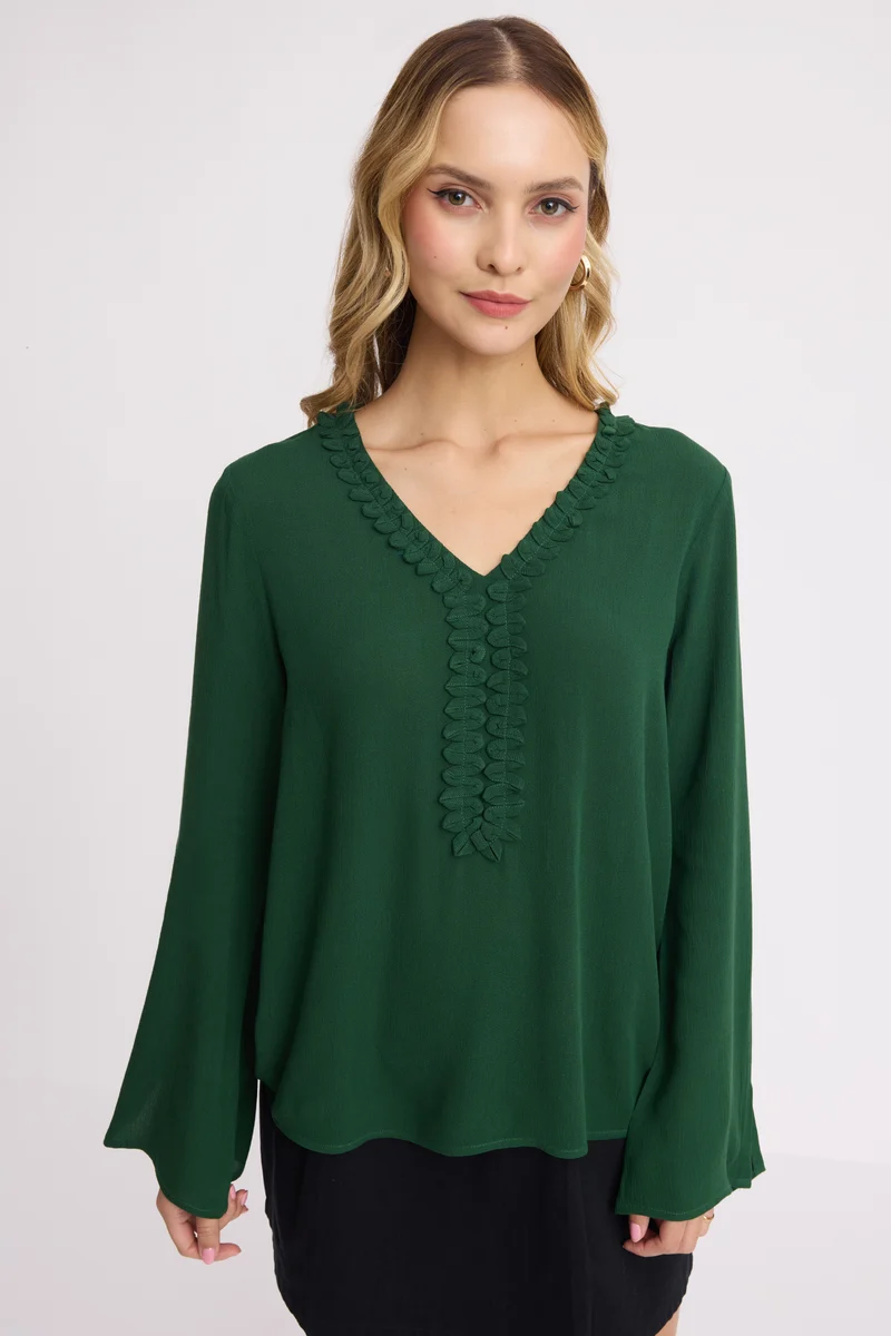 Tingzin|100% Viscose Relaxed Ruffle Neck Top