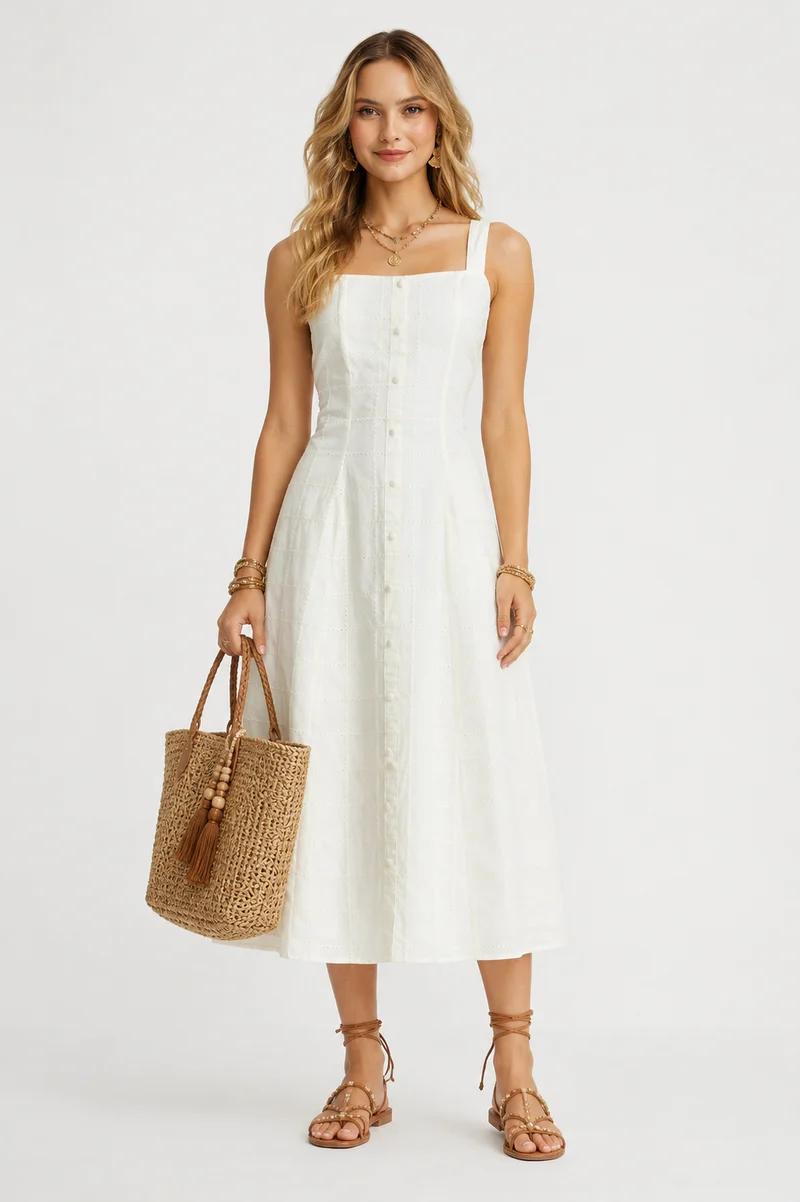 Tobden|100% Viscose Strap Embroidered Dress