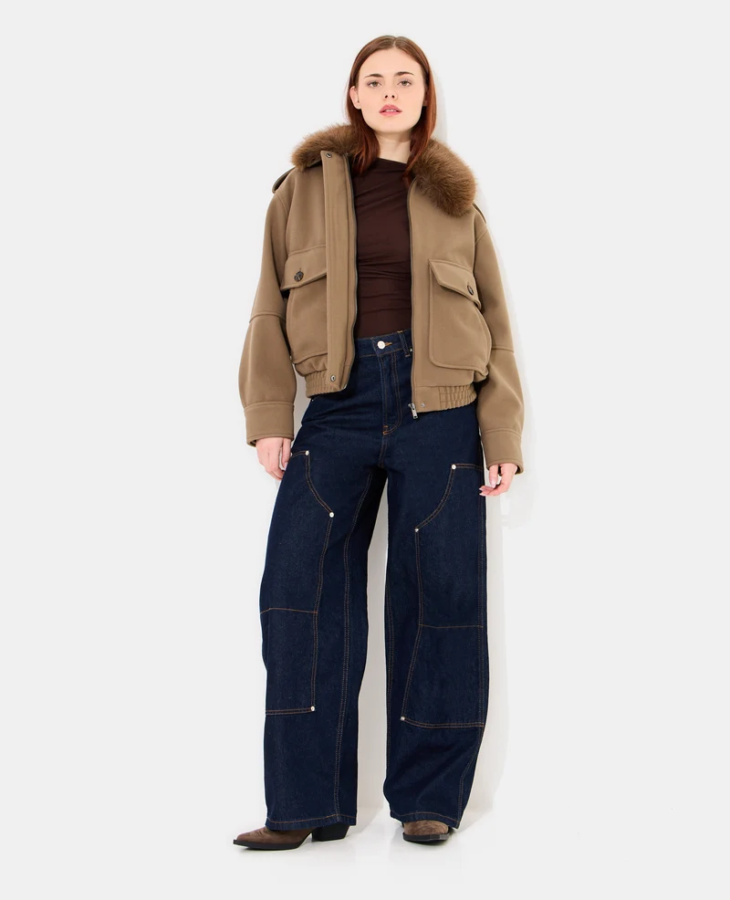 Blouson effet drap de laine col fausse fourrure