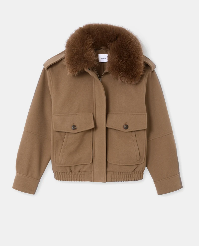 Blouson effet drap de laine col fausse fourrure