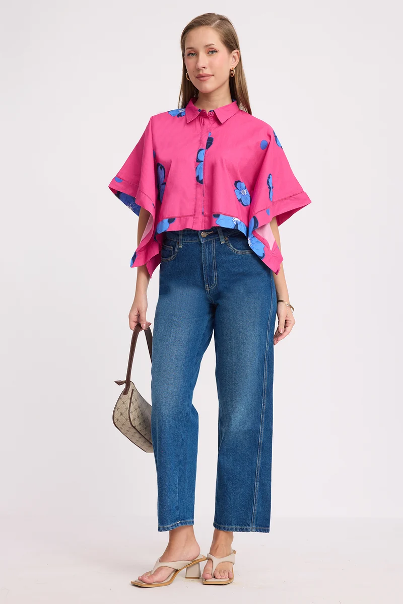 Inku|100% Cotton Floral Kaftan Crop Shirt