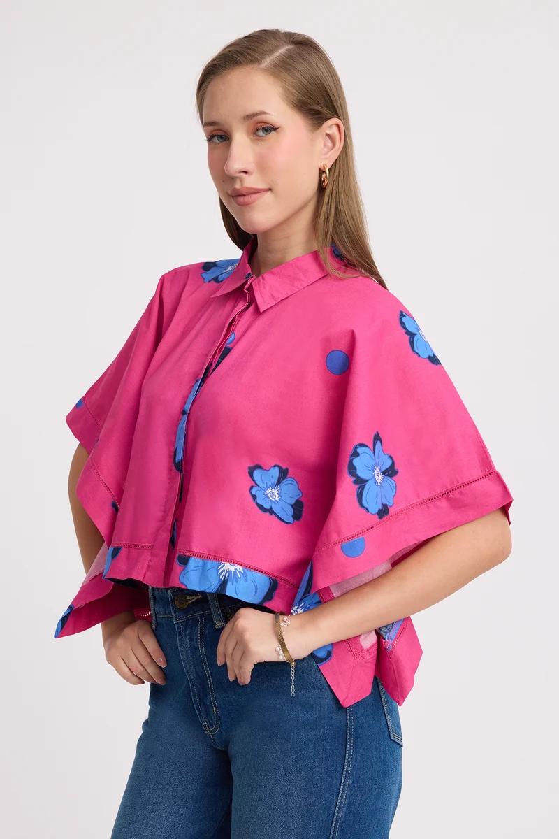 Inku|100% Cotton Floral Kaftan Crop Shirt