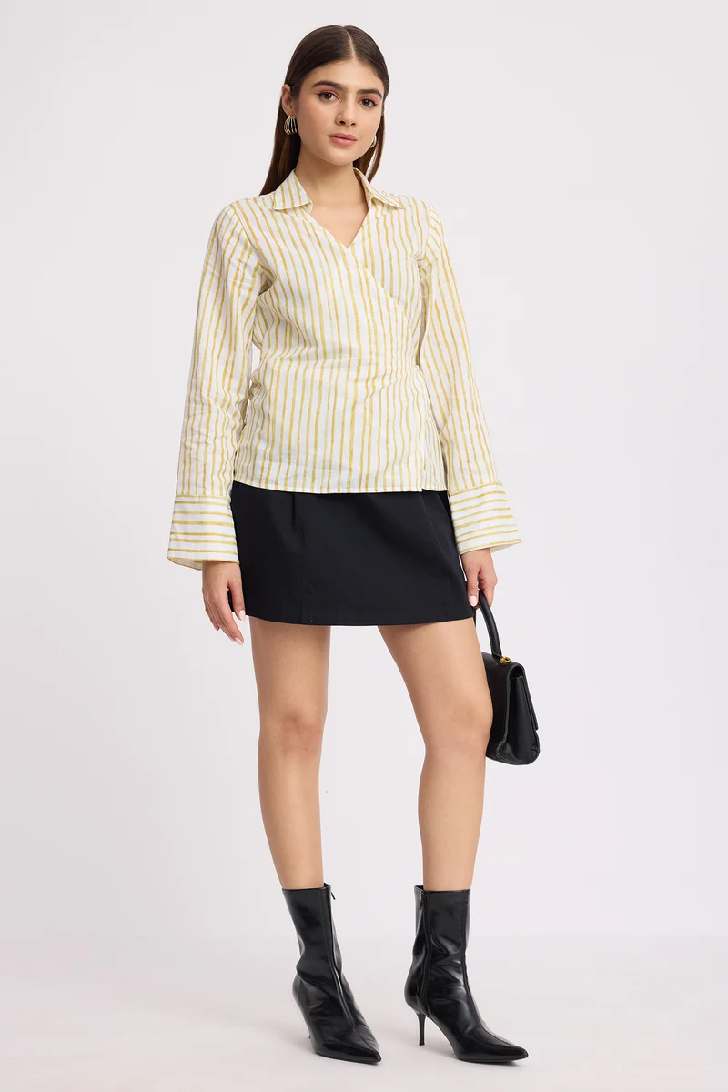 Jennie|100% Cotton Wrap Style Long Sleeve Shirt