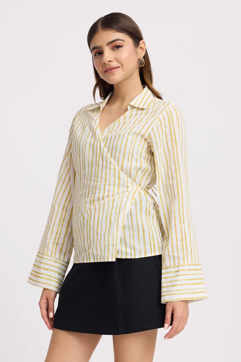 Jennie|100% Cotton Wrap Style Long Sleeve Shirt