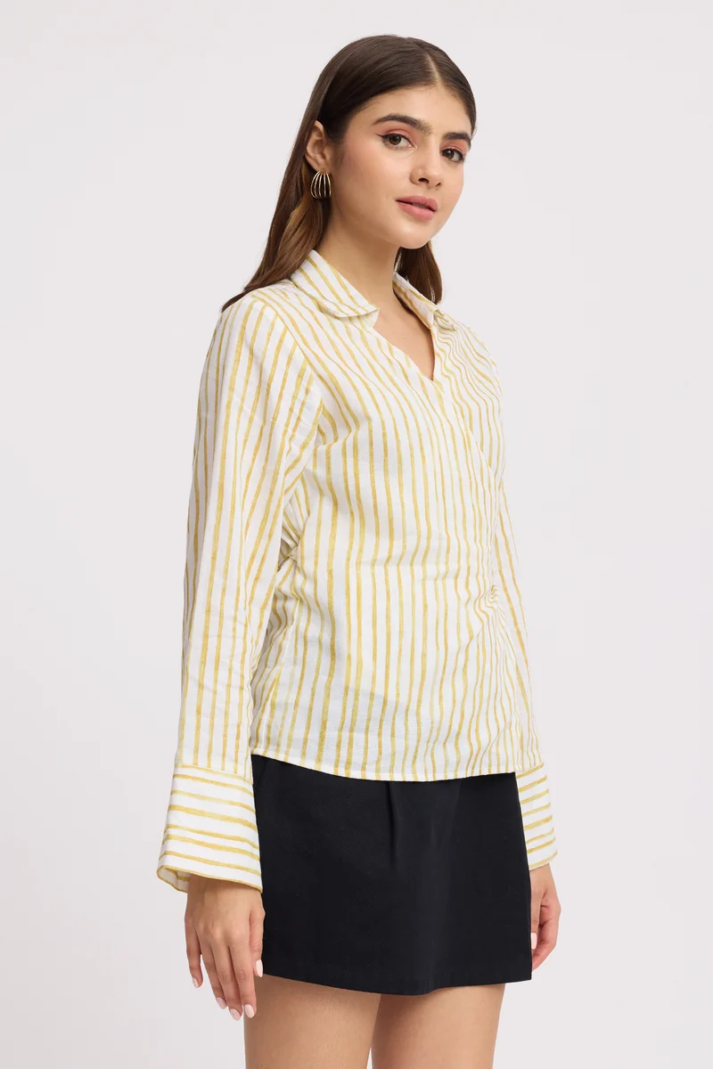 Jennie|100% Cotton Wrap Style Long Sleeve Shirt